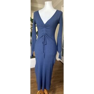 Lulus Blue Ribbed Knit Long Sleeve Midi Dress Sz S Ruched Front Bodycon Slit